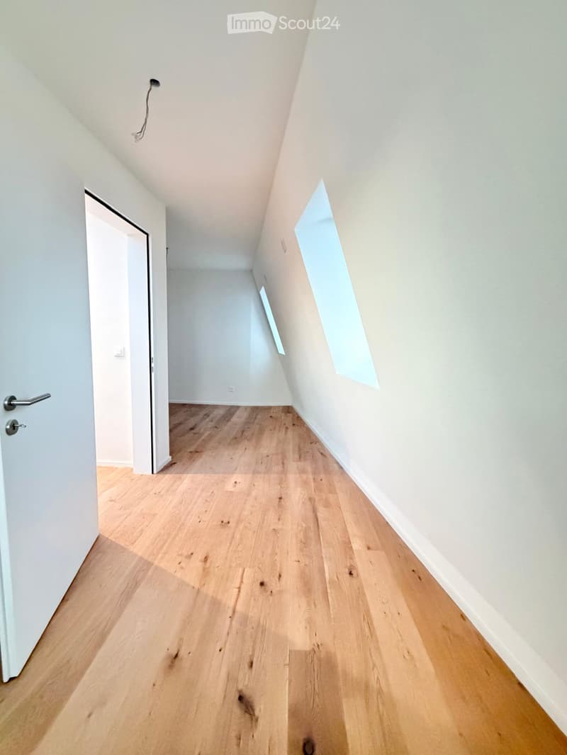 Empty attic space with wooden flooring, white walls, and skylight windows allowing natural light.