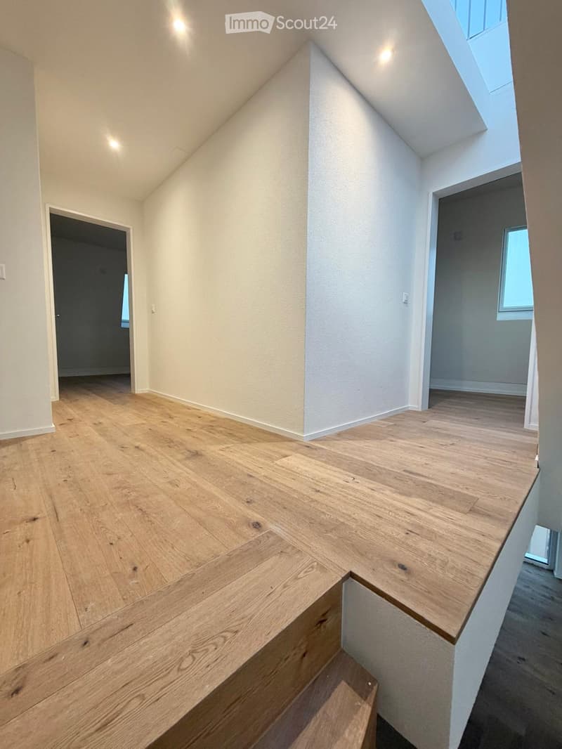 Empty hallway with light wooden flooring, white walls, and recessed lighting. Features a skylight and two doors leading to other rooms.