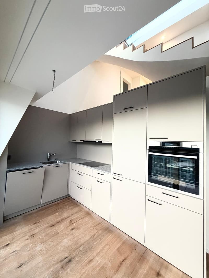 Modern kitchen with grey and white cabinets, a built-in oven, a sink with a faucet, and a wooden floor.