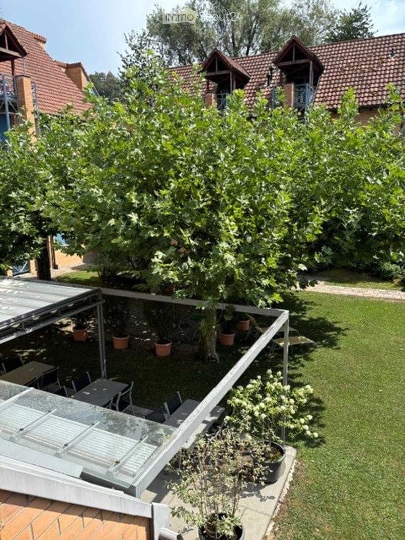 A well-maintained garden area with a variety of trees, potted plants, and outdoor furniture including tables and chairs. The space is enclosed by a low fence and features a paved patio area.