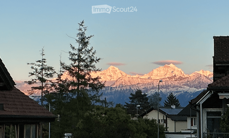 A scenic view of snow-capped mountains at sunset, with trees and houses in the foreground.