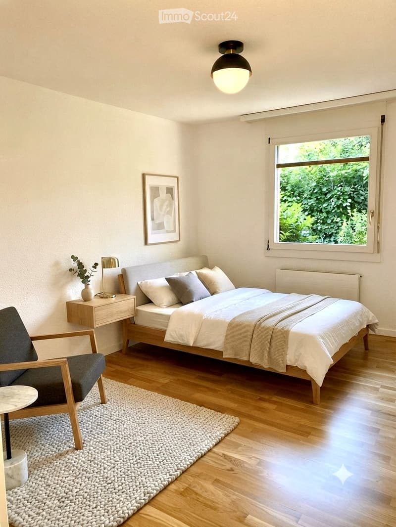 A modern, minimalist bedroom with a wooden bed, nightstand, armchair, and a large window with a view of greenery.