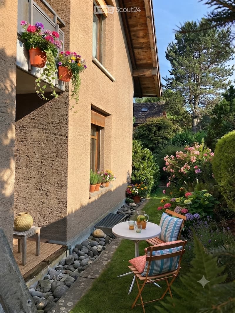 A small, well-maintained garden area adjacent to a building, featuring a round white table with two wooden chairs, potted plants, and a stone pathway.