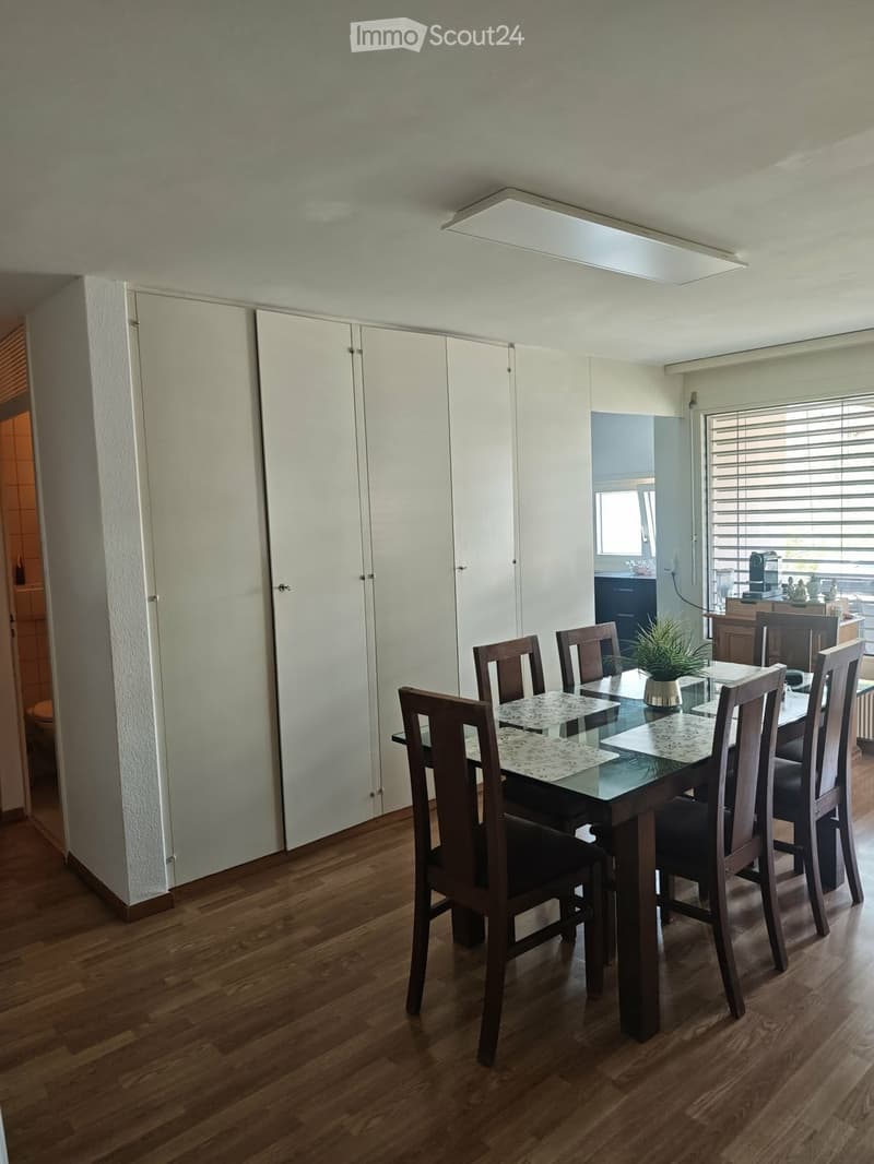 Dining room with a glass dining table, six wooden chairs, and a small potted plant on the table. The room features wooden flooring, white built-in cabinets, and a large window with blinds.