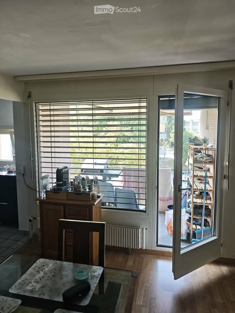 A modern, well-lit room with wooden flooring, large windows with blinds, and a sliding glass door leading to a balcony. The room features a glass dining table with a patterned tablecloth, a wooden cabinet with a coffee maker and decorative items, and a ra