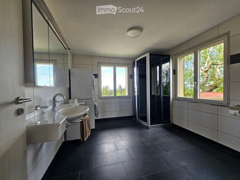 Modern bathroom with dark tiled floor, white sink, chrome faucet, large mirror, and separate shower area with glass enclosure. Windows provide natural light.