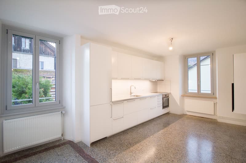 modern kitchen with white cabinets, granite countertops, stainless steel appliances, large windows, radiators