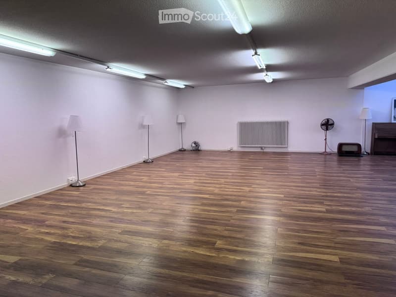 Empty room with white walls, wooden floors, ceiling lights, floor lamps, radiator, fans, and a piano.