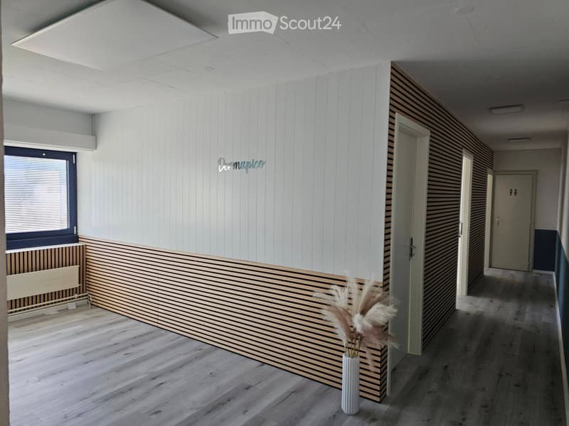 Modern hallway with white paneled walls, wooden flooring, and a decorative vase with dried plants. Features a large window with blinds and multiple doors leading to other rooms.