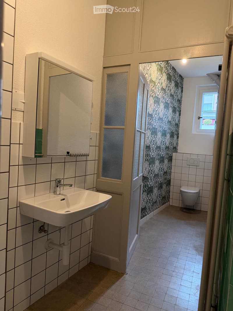 Bathroom with a white sink, mirror, and a separate shower area with a toilet and patterned shower curtain.