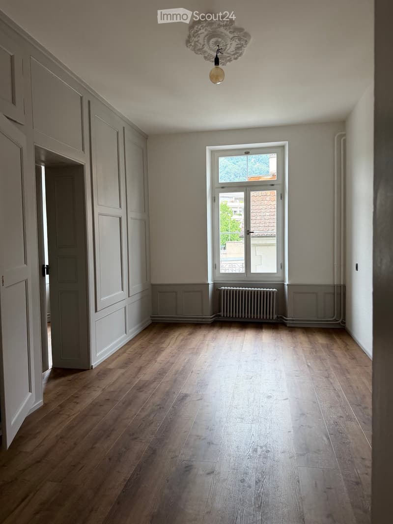 Empty room with wooden flooring, light-colored walls, a large window with double doors, and a radiator below the window. The ceiling features an ornate light fixture.