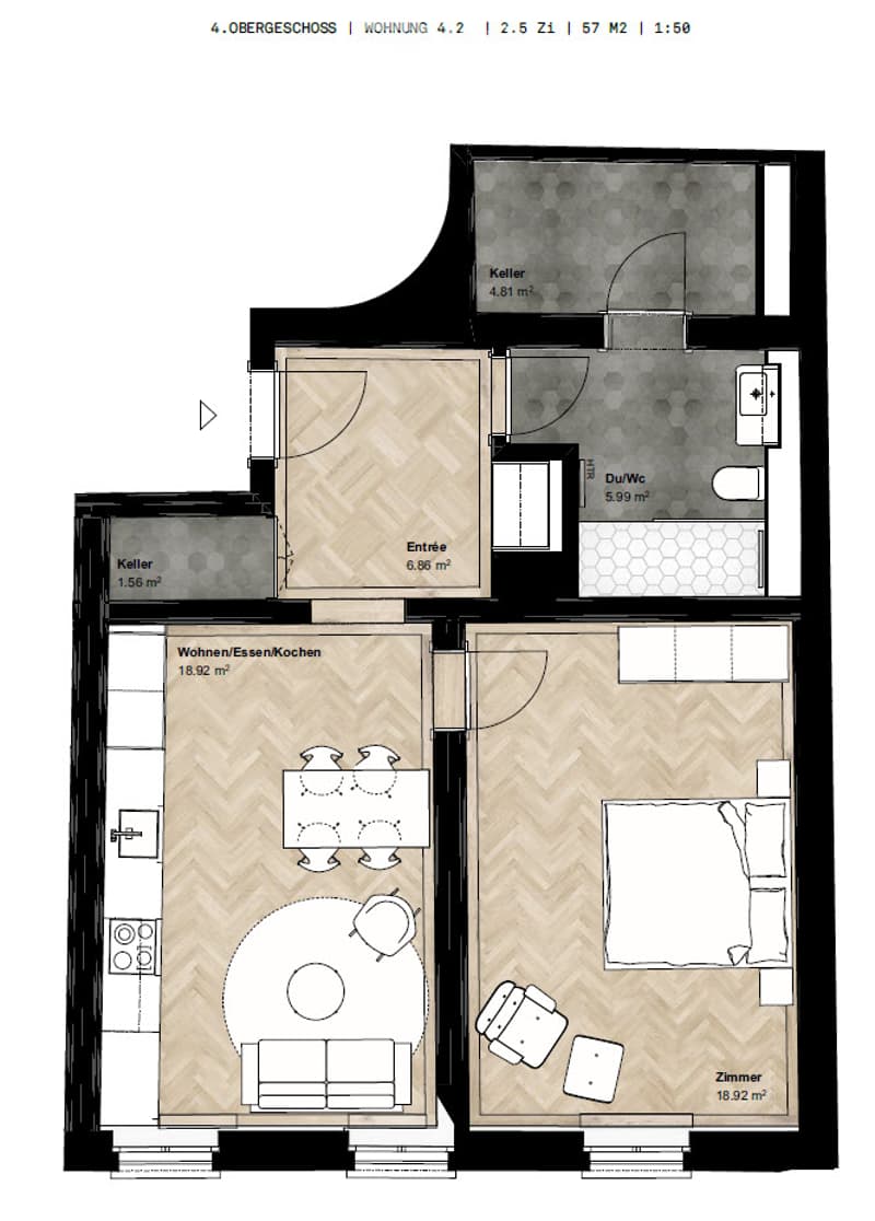 Floor plan of a 4.2 apartment on the 4th floor,57 m², showing living/dining/kitchen area, bedroom, bathroom, and two cellars.