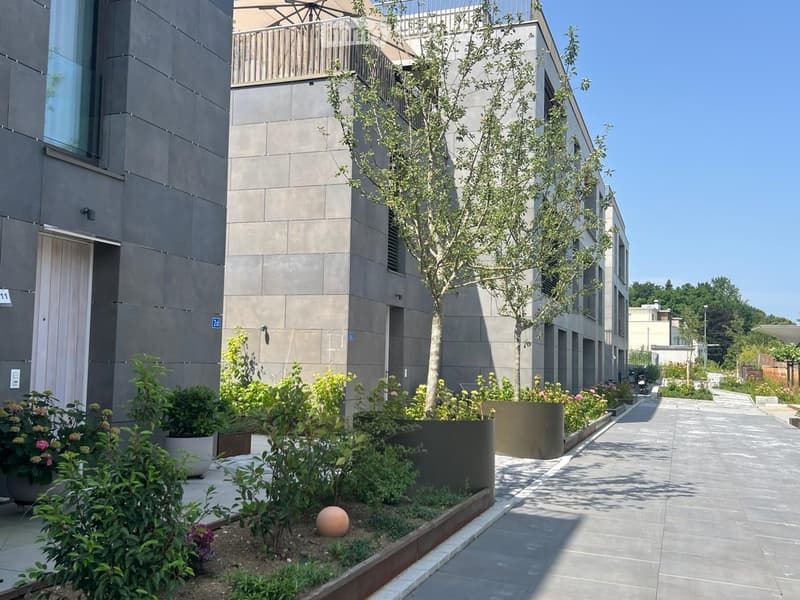 Modern residential complex with grey concrete buildings, landscaped garden area with trees, shrubs, and decorative elements, including a large planter and a spherical sculpture.