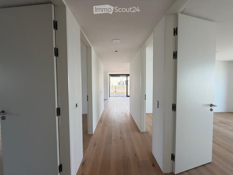 Bright, minimalist hallway with light wooden flooring, white walls, and multiple closed doors on both sides, leading to an outdoor area at the end.