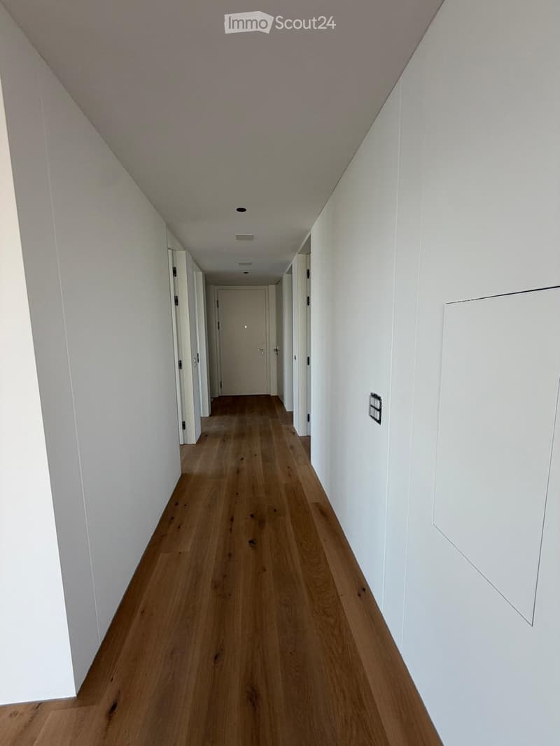A long, narrow hallway with light wooden flooring and white walls, featuring several doors and a simple ceiling with recessed lighting.