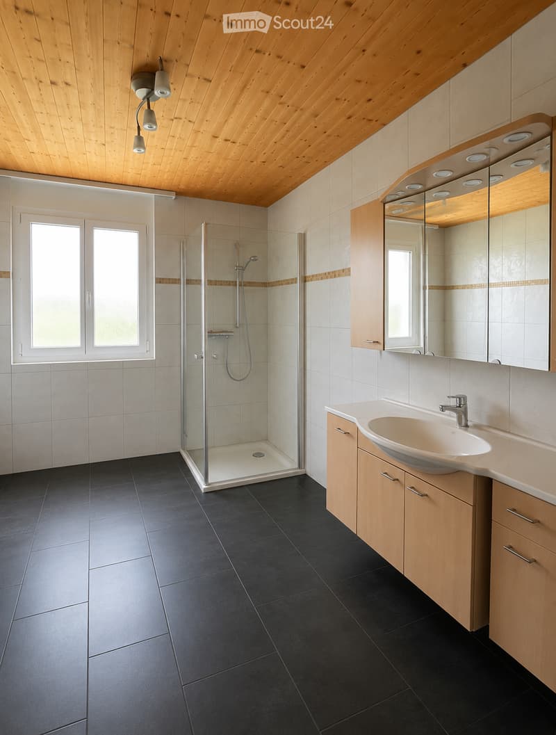 Modern bathroom with dark tiled floor, light wooden ceiling, glass-enclosed shower, sink with wooden cabinet, and large mirror with integrated lighting.
