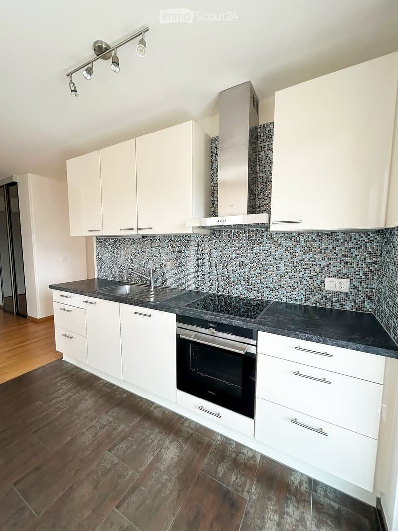 Modern kitchen with white cabinets, black countertops, stainless steel sink, and built-in oven. Features mosaic tile backsplash and wooden flooring.