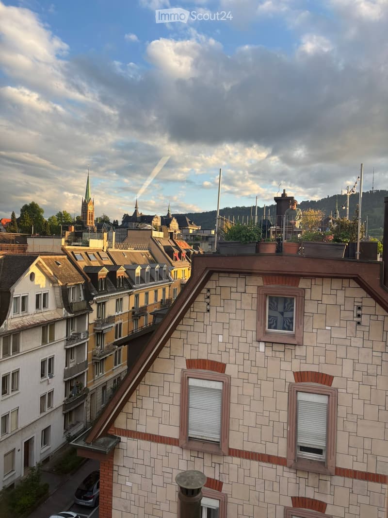 Roof view of a cityscape with multiple buildings, tiled roofs, and a distant church spire.