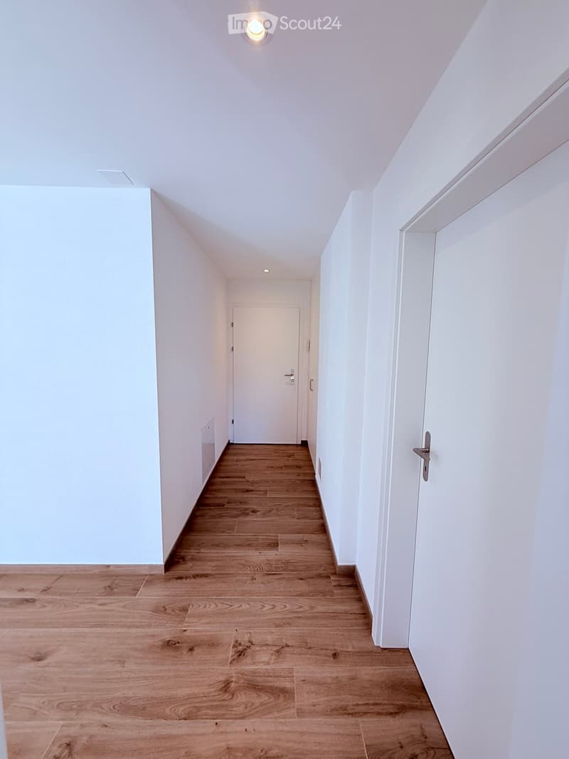 Clean, modern hallway with light wooden flooring and white walls, featuring recessed ceiling lighting and a closed door at the end.