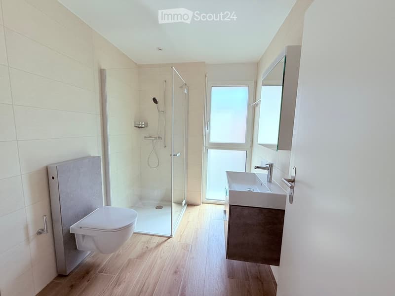 Modern bathroom with a toilet, sink, mirror, and walk-in shower with glass enclosure. Light-colored tiles and wooden flooring.