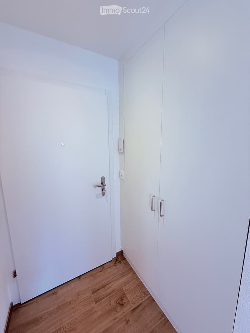 A narrow hallway with white walls, wooden flooring, and white cabinetry on one side. A closed door is visible on the left, and a light switch is mounted on the wall near the door.