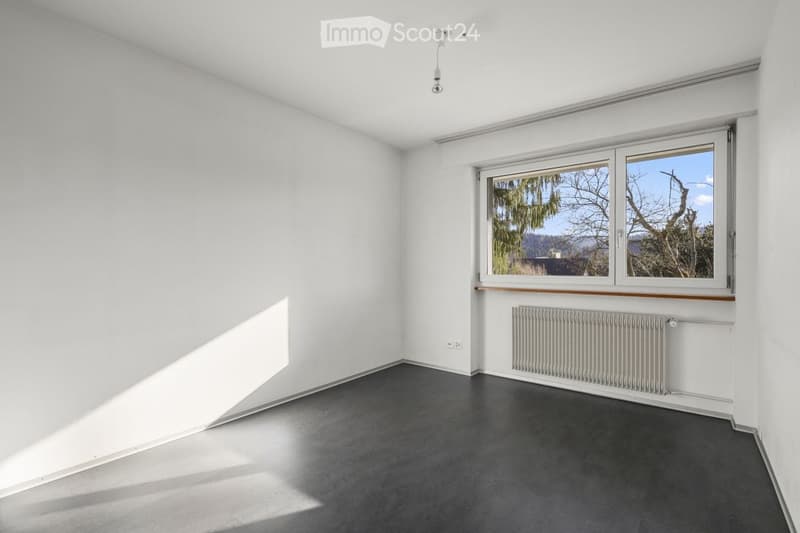 Empty room with white walls, dark grey floor, large window with view of trees, radiator below window, and a ceiling light fixture.