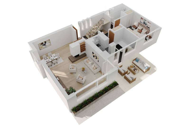 3D floor plan of a modern two-story house with open-concept living and dining areas, kitchen, bedrooms, bathrooms, and a balcony.
