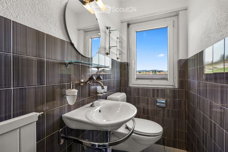 Modern bathroom with dark brown tiles, a white sink, toilet, large mirror, and a window offering a scenic view.
