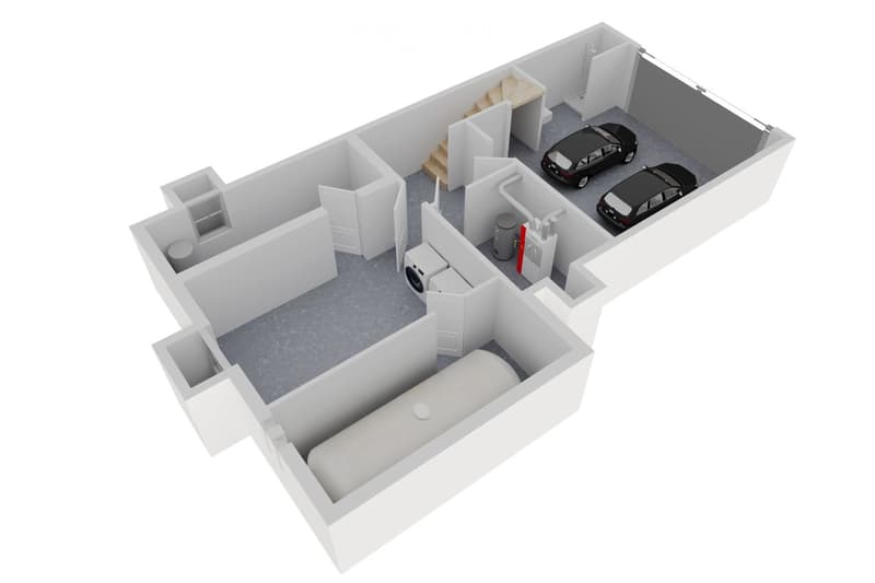 3D floor plan of a house with multiple rooms, including a living area, bedroom, bathroom, and garage with two cars. Features include a staircase leading to an upper level, a utility area with a washing machine, and a boiler room.