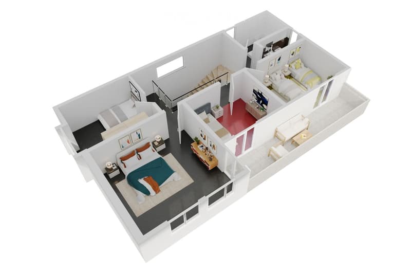 3D floor plan of a multi-bedroom apartment with living room, dining area, kitchen, and three bedrooms, including a loft area.