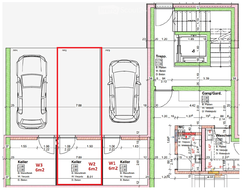 Floor plan showing three parking spaces (PP1, PP2, PP3), a basement level (Keller), and a ground floor (W1) with labeled dimensions and materials.
