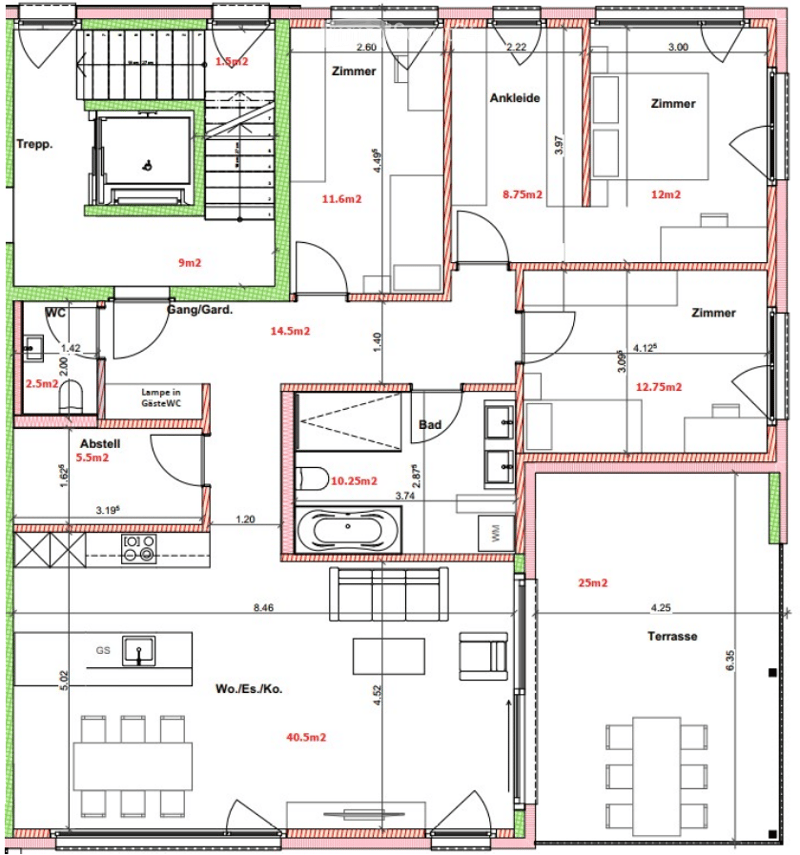 Floor plan of a house with multiple rooms including a living area, kitchen, bedrooms, bathrooms, and a terrace.