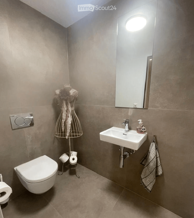 Modern bathroom with a white toilet, sink, and mirror. Includes a decorative wire shelf holding toilet paper and a folded towel.