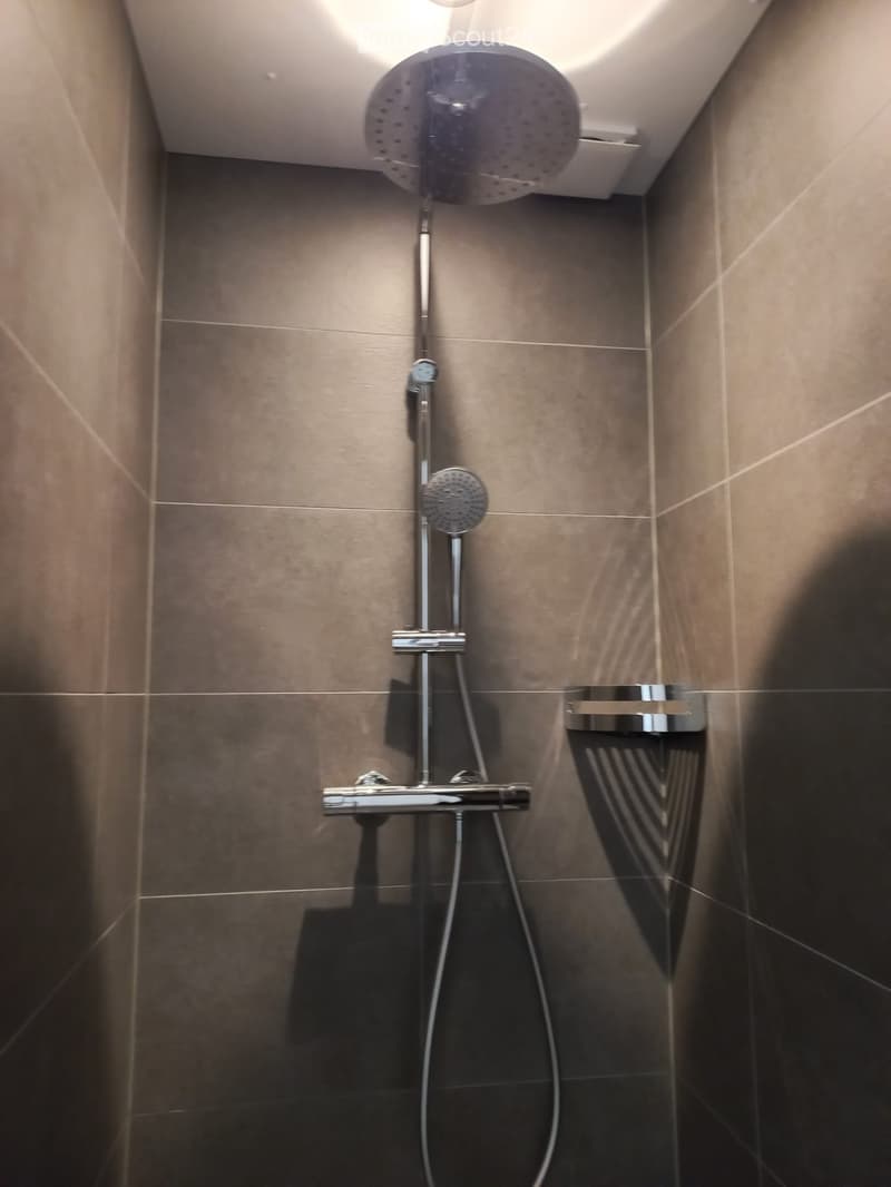 Modern shower area with a large round showerhead, handheld shower attachment, and a sleek chrome rail for the handheld unit.