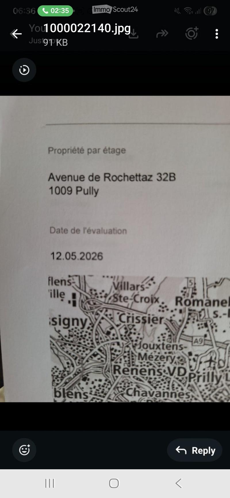 Floor plan showing property layout for Avenue de Rochettaz 32B, 1009 Pully, with evaluation date12.05.2026. Map includes surrounding areas such as Villars, Ste-Croix, Romanel, and Renens.