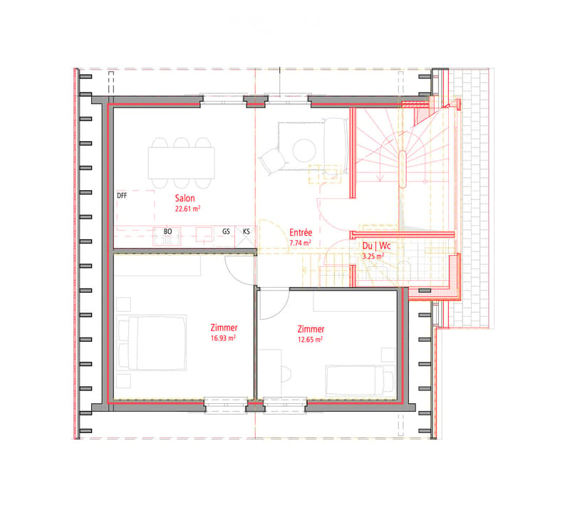 Floor plan showing a salon (22.61 m²), entrance (7.74 m²), two bedrooms (16.93 m² and 12.65 m²), and a bathroom (3.25 m²).