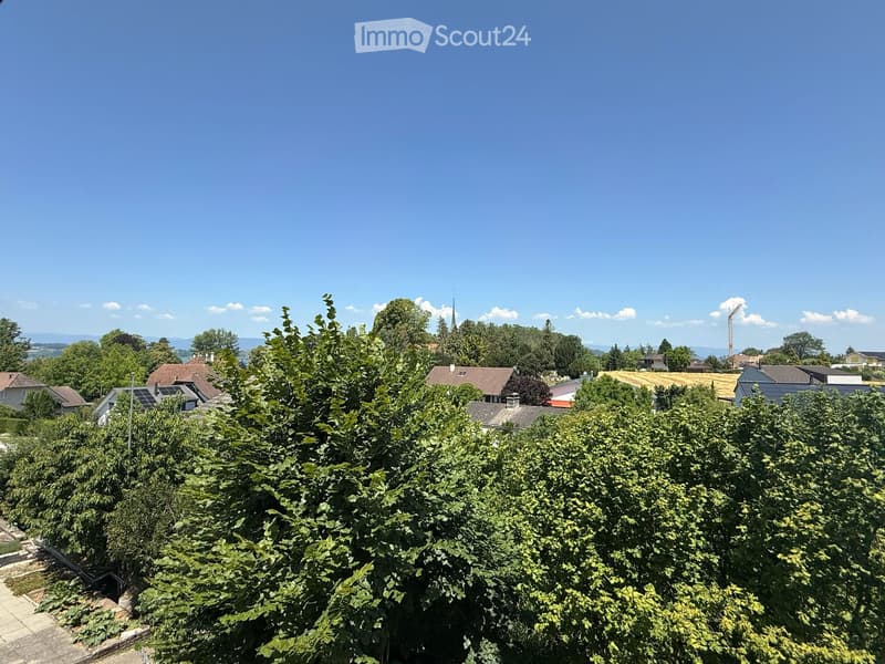 View of a suburban neighborhood with houses, trees, and a clear blue sky.