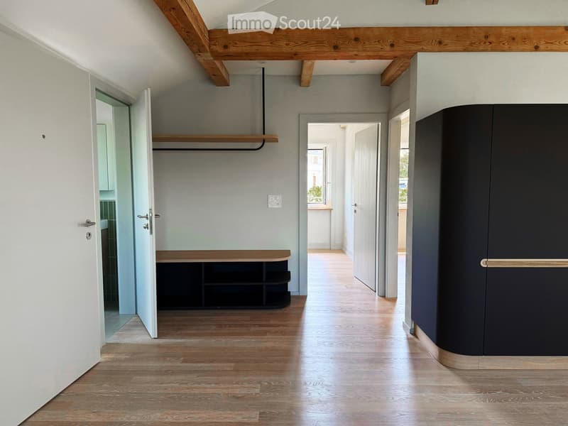 Modern hallway with wooden flooring, white walls, exposed wooden beams, and built-in shelving unit.