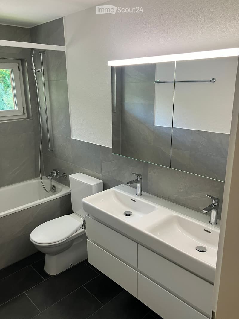 Modern bathroom with a white toilet, double sink, bathtub, and large mirror. Grey tiles and dark flooring.
