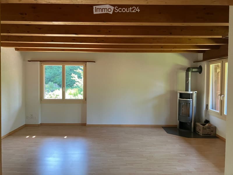 Empty room with wooden flooring, exposed wooden ceiling beams, large windows, and a wood-burning stove with a chimney.