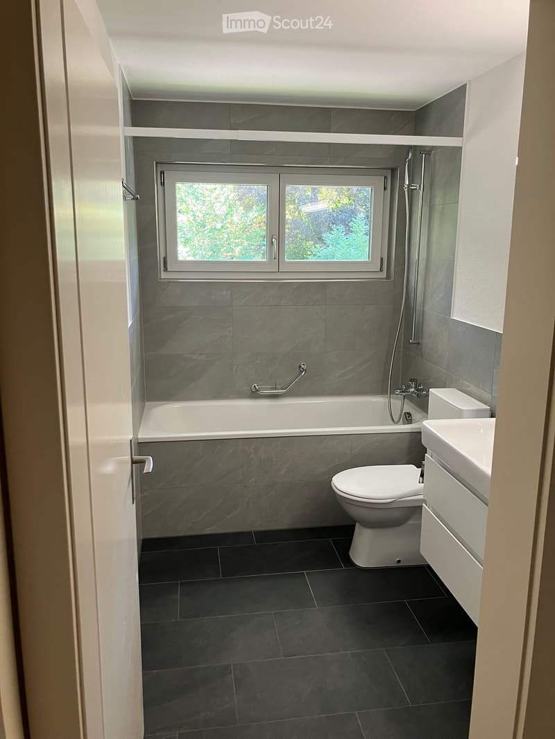 Modern bathroom with dark grey tiles, white fixtures, and a large window offering a view of greenery.