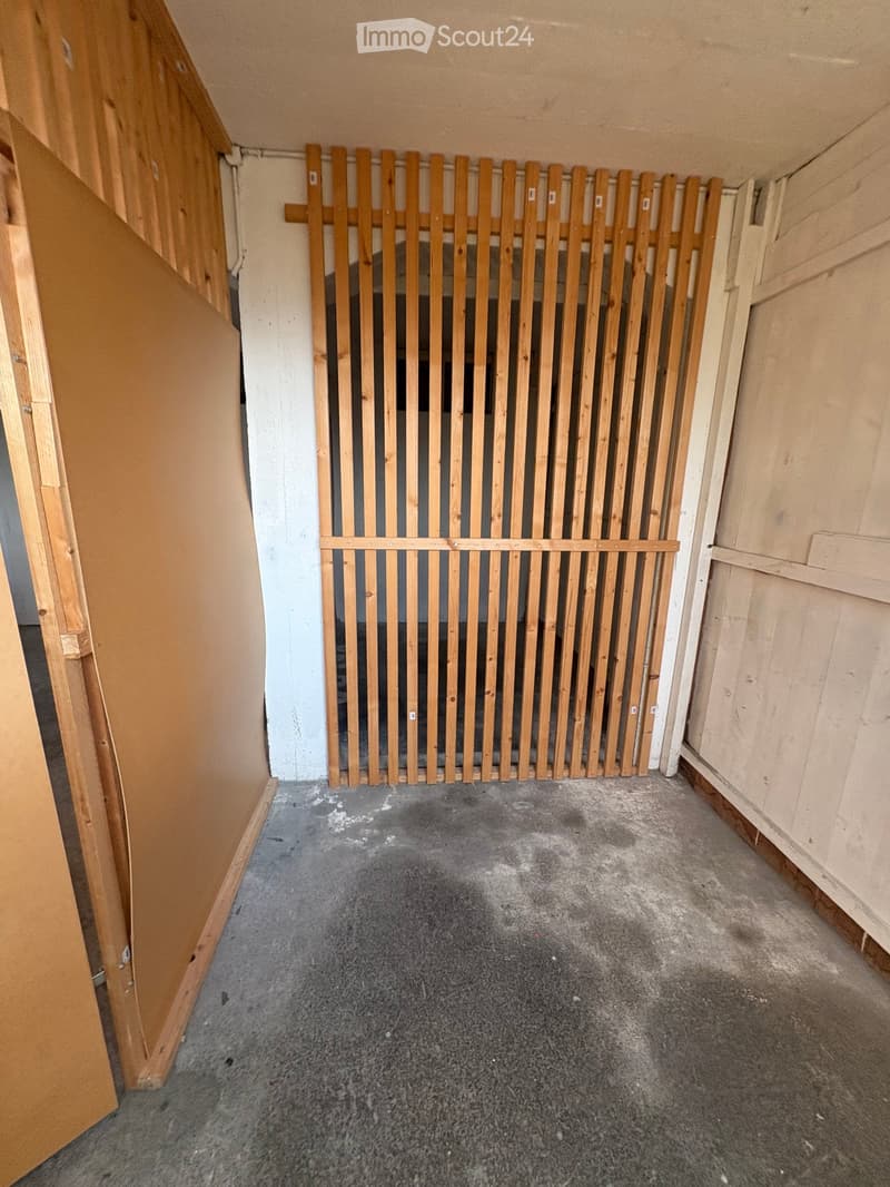 Empty room with unfinished wooden walls, a concrete floor, and a wooden gate-like structure in the center.