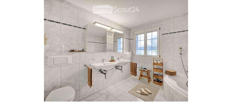 Modern bathroom with white tiles, double sink, bathtub, toilet, mirror, and wooden shelf with towels and toiletries.