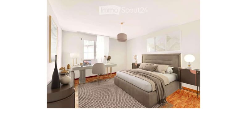 Modern bedroom with a large bed, nightstand, desk, chair, and decorative vases. Features a large mirror, artwork, and a hanging pendant light.