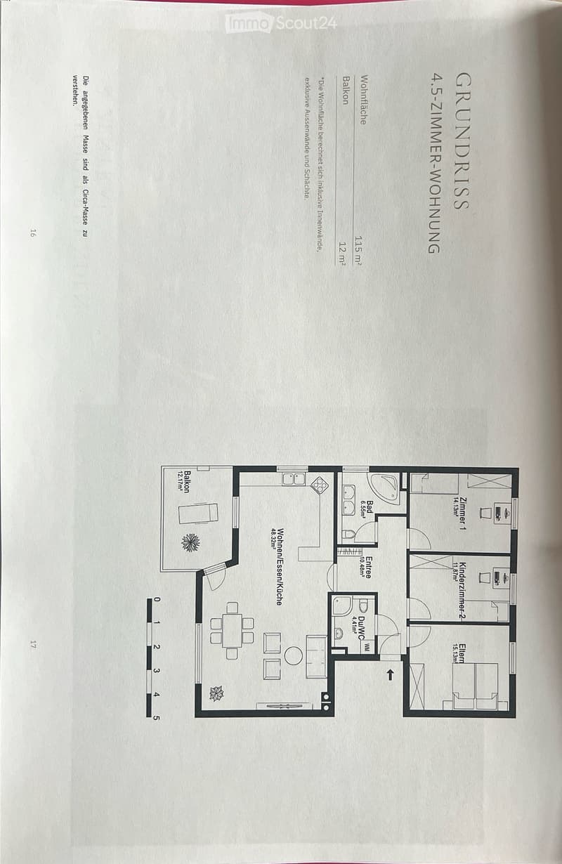 Floor plan of a 4.5-room apartment with living room, kitchen, two bedrooms, bathroom, and balcony.