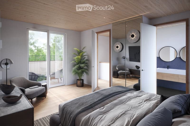 Spacious bedroom with large windows, wooden ceiling, gray and blue color scheme, modern furniture including a sofa, armchair, and vanity area, and a balcony with a view of the outdoors.
