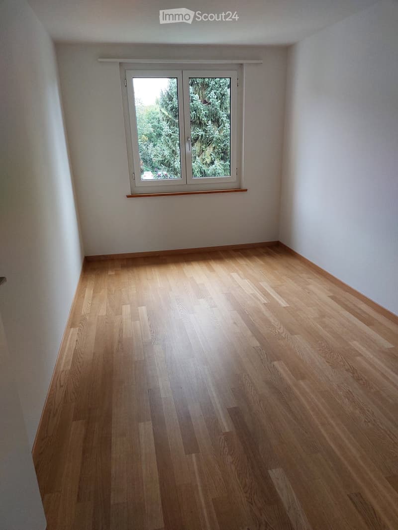 Empty room with light wooden flooring and white walls, featuring a large window with a view of greenery outside.