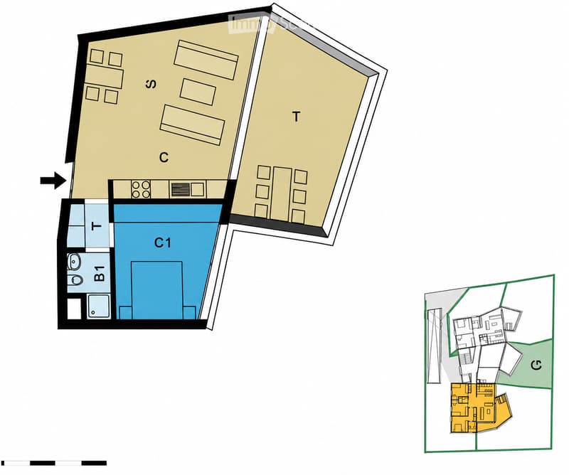 Floor plan of a residential unit with multiple rooms including a living area, bedroom, bathroom, and kitchen. The layout includes a hallway and a balcony.