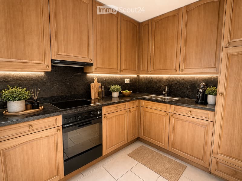 Modern kitchen with light wooden cabinets, black countertops, and stainless steel appliances including an oven, sink, and coffee maker. Features a built-in oven, a sink with a modern faucet, and decorative potted plants on the countertops.