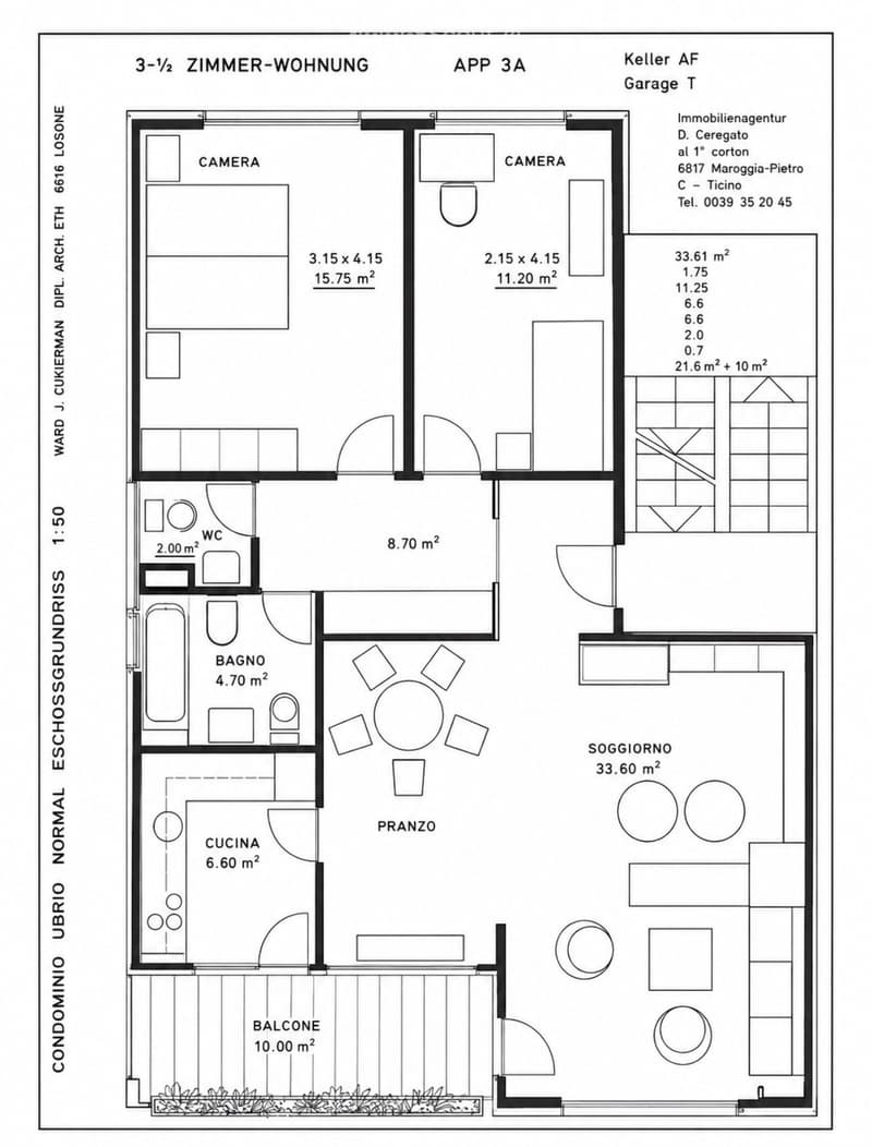 Floor plan of a 3.5-room apartment with two bedrooms, a living room, a kitchen, a bathroom, and a balcony.